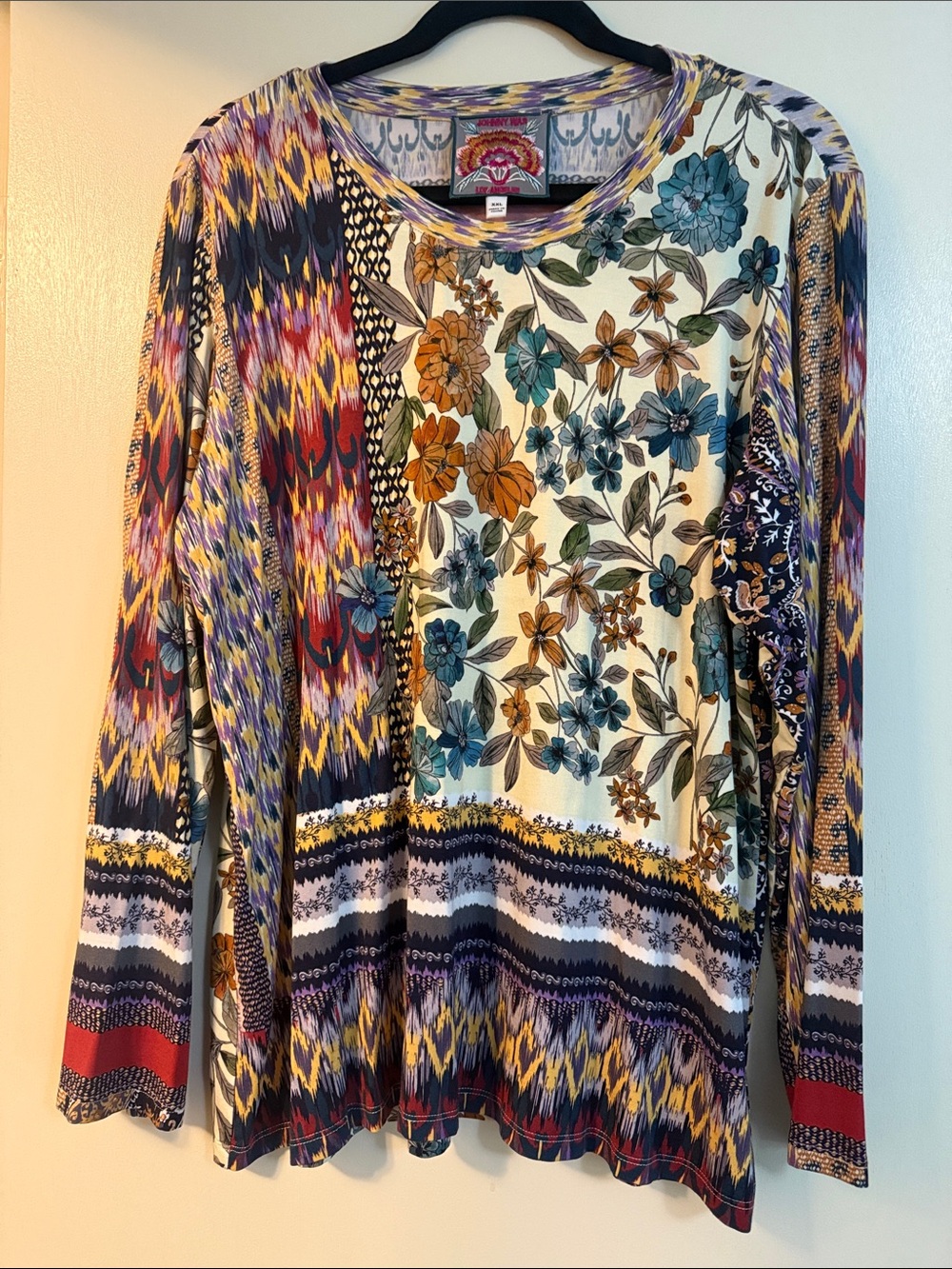Johnny Was Multicolor Floral & Ikat Mixed-Print Long Sleeve Top
